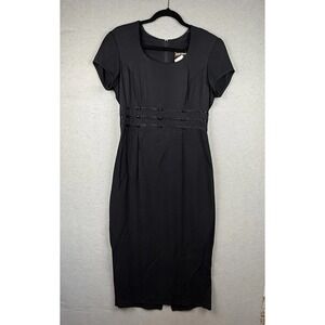 Vtg Just Choon‎ Black Modest Short Sleeve Empire Waist Midi Dress LBD Sz 11 USA